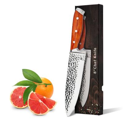 China Viable King Kitchen Chef Knife 8 Inch With Wood Sheath Handle Acrylic Forged Blade With Embossed for sale