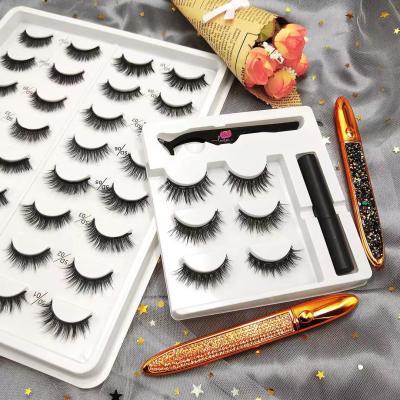 China Natural Soft 3 Pairs Magnetic False Eyelashes Mink Eyelashes Magnetic Liquid Eyeliner 3d eyelashes and tweezers kit for sale