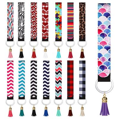 China Europe and America Bottles Lanyard Neoprene Wristlet Printed Hand Key Chain Holder Bracelet Lanyard Keychain Holder With Colorful Tassel Pendants Key Chain Crafts For Women Girls for sale