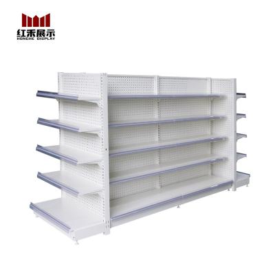 China Hong He White Grocery Shelf Display Rack Metal Double Sided Shop Shelving Store Supermarket Plastic Gondola Shelves On Sale for sale