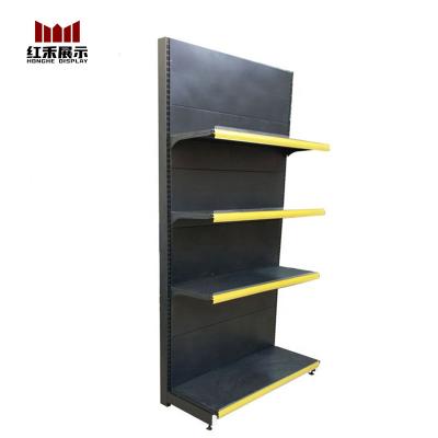 China Hong He's New Double Sided Custom Logo Supermarket Shelves Display Stand Rack Gondola Shelving For Grocery General Store for sale