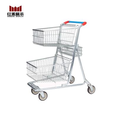 China Unfolding Hong He High Quality European Double Basket Shopping Trolley Style Supermarket Shopping Cart for sale