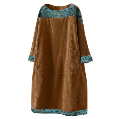 China Anti-Static Floral Edge Corduroy Casual Dress Women's Elegant Long Sleeve Long Dresses for sale