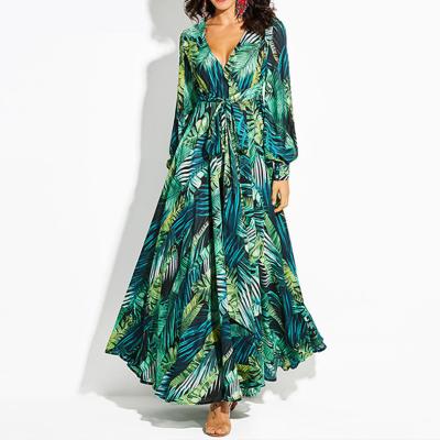 China 2021 Anti-Static Women Sheath Long Maxi Dress Floral Print Dress With Belt Summer Beach Floor Length Dress for sale