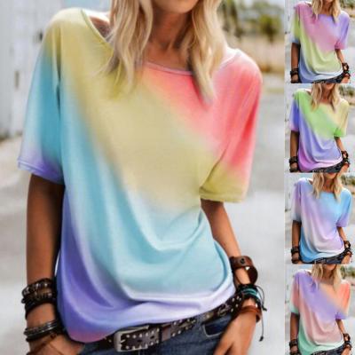 China Korean Style Girls' T-shirts Anti-wrinkle Loose T-shirt With Rainbow Color O-neck Hot Selling Women's Tee Shirt for sale