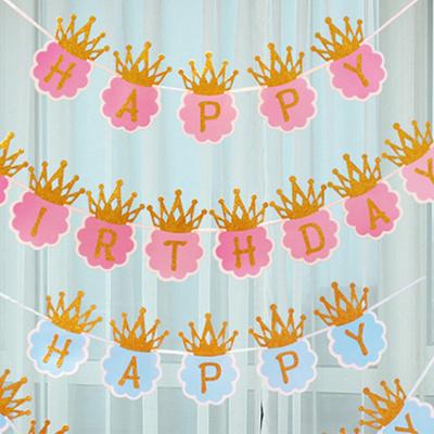 China Party Decoration Happy Birthday Crown Pull Flag Party Decoration Kids Birthday DIY Venue Decor for sale