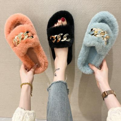 China Fashion Trend Ladies Slippers Faux Fur Chain Slippers Indoor And Outdoor Women Fur Flat Warm Slippers for sale