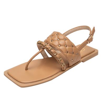 China Hot fashion trend Amazon rivet slippers chain flat-heeled women's sandals flat bottom square-toe casual women's flip flops for sale