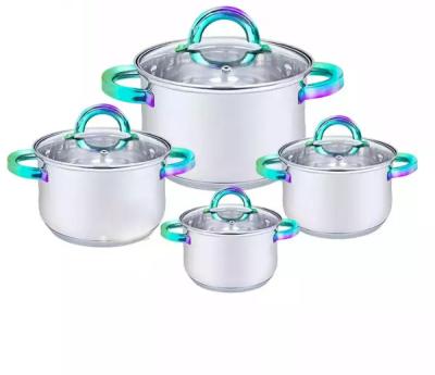 China Sustainable 8pcs stainless steel cookware set new design ready goods cooking casserole pot kitchenware with golden hollow handle for sale