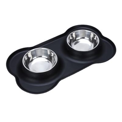 China Stored Dog Feeder Stainless Steel Double Pet Food Bowl With Silicone Bowl Pad for sale