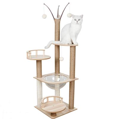 China Hot Selling Large Stocked Multilevel Wooden Cat Scratcher Tree House Furniture Kittens Activity Tower for sale