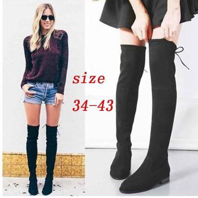 China Fashion Trend Plus Size Women's Suede Heel Side Zipper Stretch Tie Back Over The Knee Flat Thigh High Boots for sale