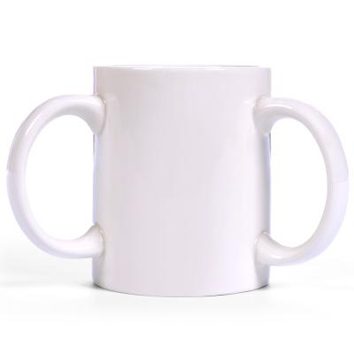 China Viable Custom Unique White Empty Sublimation Three Handle Mug Ceramic Coffee Mugs for sale