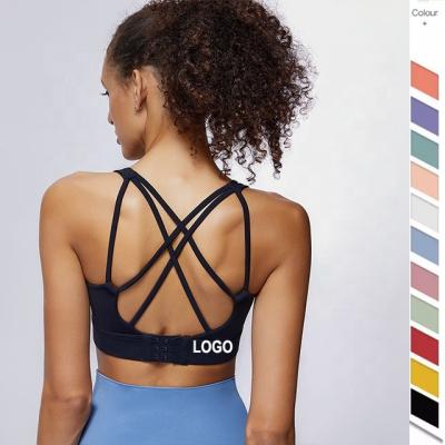 China Wholesale Breathable High Quality Custom Made Solid Color Logo Fitness Open Back Push Up Workout Seamless Ribbed Active Crop Gym Yoga Bra for sale