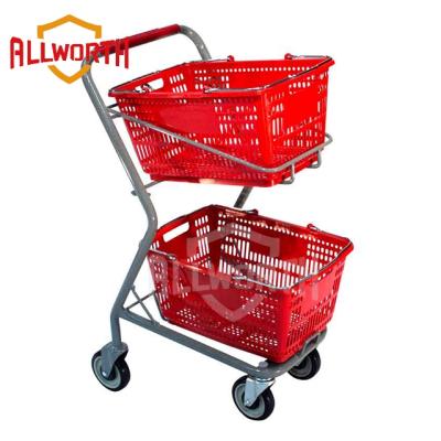 China Unfolding Basket Removable Plastic Double Shopping Trolley for sale