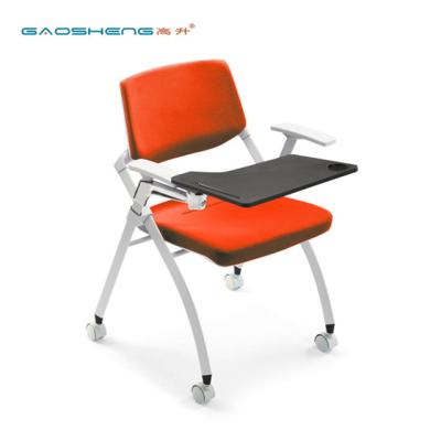 China Meeting Offer School Project Modern Design Training Folding Stacking Fabric Seat Training Chair With Notepad for sale