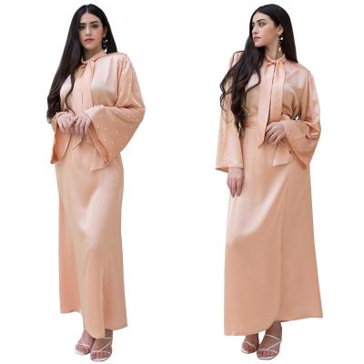 China Casual Polyester Bow Tie Collar Rocket Long Sheath Beading Satin Maxi Long Dress Muslim Rocket Dress For Women for sale