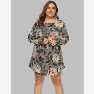 China Amazon 2022 viable hot round neck casual dresses sleeve long short dress floral printed shirts plus size dress for sale