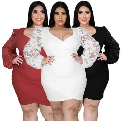 China Viable Plus Size Women Clothing Vendor MeshLong Sleeve Floral V-Neck Female Wears Mini Dresses For Fat Woman for sale