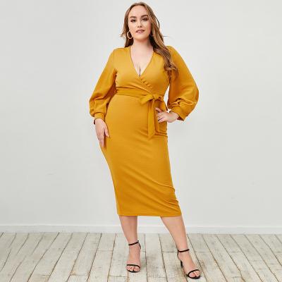 China Dropshipping V-Neck Wholesale Sexy Polyester Dress Viable Slim Mid Length Bag Hip Splits Plus Size Women's Clothing Home Wear for sale