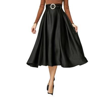 China Wholesale Anti-static Women's High Waist Swirl Satin Skirt Big Ladies Mid Length A-Line Skirt With Belt for sale