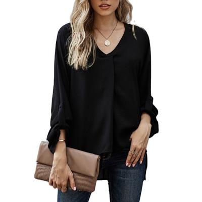 China Viable Custom Made Trendy Designer Elegant Shirts Top 2022 Ladies Clothing Loose Shape Casual V Neck Blouse Women for sale