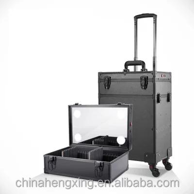 China 2018 chargeable aluminum profesional lightweight makeup box led cosmetic case on wheels beauty trolley case for sale