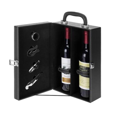 China Custom Portable Leatherette Carrier Top Handle Leather 2 Bottle Wine Gift Travel Wine Carrying Case for sale