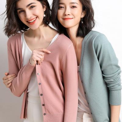 China Wholesale Anti-wrinkle autumn solid color thin soft ribbed button V-neck cropped cardigan sweater for women for sale