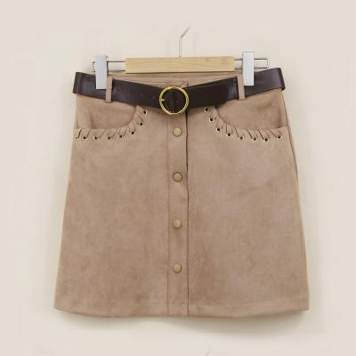 China Summer Viable High Waist Fashion Solid Pockets Button Belt Women Midi Suede Short Skirt for sale