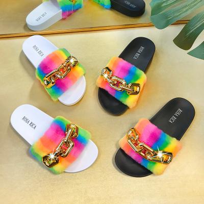 China CUSHIONING Women's Slippers All-match Plush Fur Sandals Women Winter Autumn Rainbow Plush Fashion Slides Flat Slippers for sale