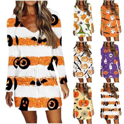 China 2021 Autumn New Design Breathable V-Neck Cartoon Printed Halloween One-Line Dress for sale