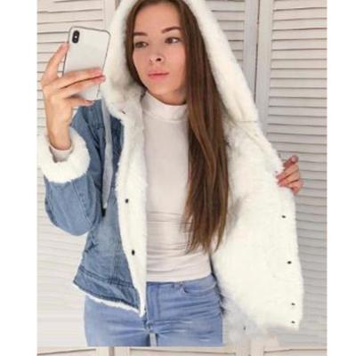 China 2021 Viable Hand-crafted Lamb Striped Warm Hooded Coat Blue Denim Jacket for sale