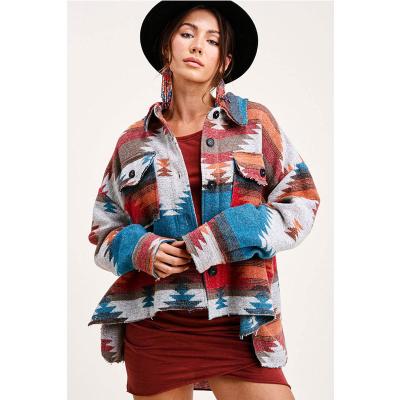 China Anti-wrinkle autumn ethnic plaid ladies shirt jacket women casual shacket, Aztec design cardigans women cool women coats for sale