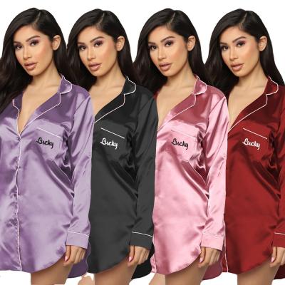 China 2021 Breathable Sleepwear Chemise Long Sleeve Women Lounge Use Pajamas Night Wear Silk Pajamas for sale