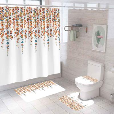 China 4 Pieces Flower Printing 3d Printing Hotel Waterproof Custom Made Polyester Viable White 4 Pieces Toilet Bathroom Shower Curtain Sets for sale