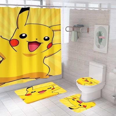 China Wholesale Viable Kawaii Yellow 3d Cartoon Cute Anime Custom Printed Kids Play Set 4 Pcs Bathroom Rug Set With Shower Curtains for sale