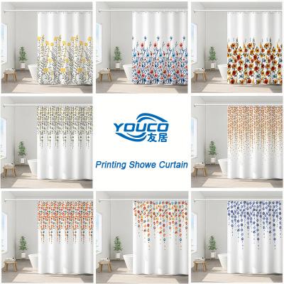 China Viable Wholesale High Quality Custom Nordic Yellow Flower Printing Chic Polyester Bathroom Shower Curtains for sale