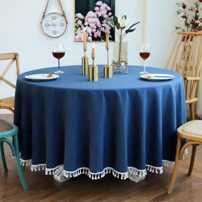 China Waterproof Navy Blue Large Round Table Covers Tassel Party Wedding Table Cloth for sale