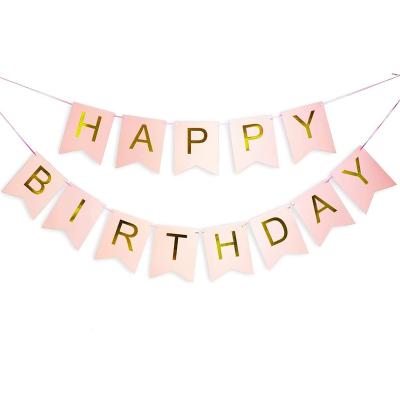 China Shunli Disposable Pink Happy Birthday Banner Custom Bunting with Shimmer Gold Letters for Party Decorations for sale