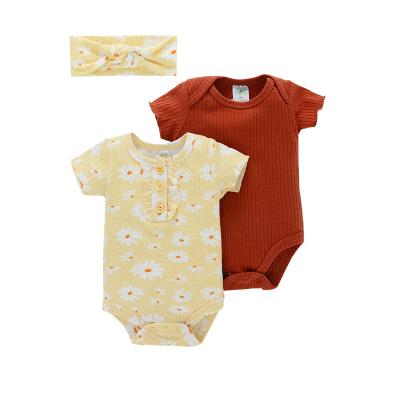 China Breathble Comfortable New 2023 Summer Baby Clothes 0-1 Year Old Female Fart Treasure Bag Clothes Onesy Wholesale 3 Pcs Cute Rompers With Headband for sale