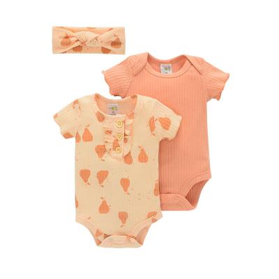 China Breathble Comfortable 2023 Summer Short Sleeve 3 Pcs Set Rompers Ruffle Jumpsuit Newborn Baby Knitted Rompers Onesie for sale