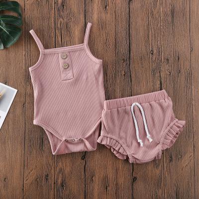 China Baby clothing with button 2023 summer baby bridle jumpsuit shorts set wholesale mine stripe cotton baby triangle romper 2 piece set for sale