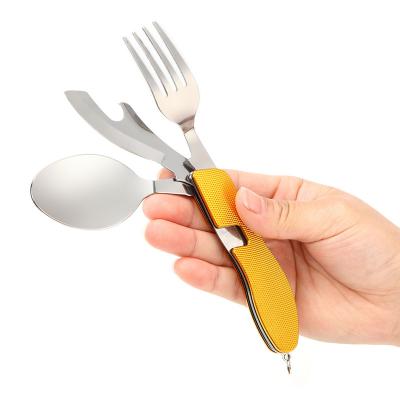 China Viable 4 in 1 Stainless Steel Fork Knife Spoon Opener Tableware Outdoor Reusable Folding Camping Travel Cutlery Set for sale