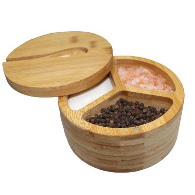 China Cellar Stored Round Shape 100% Natural Bamboo Salt And Pepper Box Salt And Pepper Box With Spoon And Lid for sale