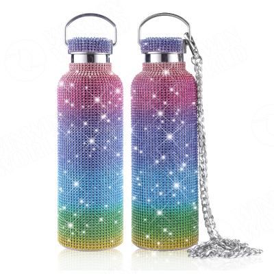 China Diamond Water Bottle High End Bling PORTABLE Updraft Insulated Stainless Steel Women's Sparkle Flask Girl Gift With Chain And Lid for sale