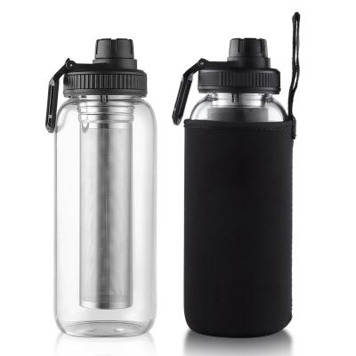 China Large Sustainable Infuser Glass Water Bottle, Glass Tea Tumbler With Neoprene Strainer And Sleeve, Sport Water Bottles For Gym Hiking Camping for sale