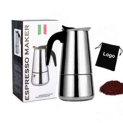 China Outdoor Promotional Espresso Coffee Maker, 6 Cup Stovetop 430 Stainless Steel Moka Pot Italian Coffee Maker With Induction Custom Logo for sale