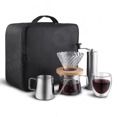 China Viable Hot V60 Pour Over Grinder Pot Kettle For Outdoor Camping Manual Kit Travel Bag Gift Box Packing Drip Over Coffee Maker Set for sale