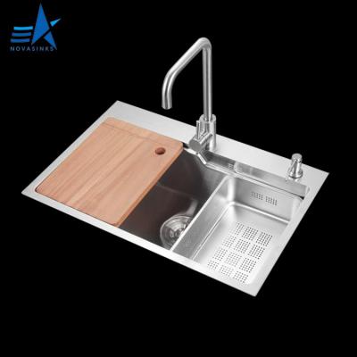 China With Sleek Faucet Style With Strainer Brushed SUS 304 Rectangular Single Bowl Topmount Kitchen Handmade Sink for sale